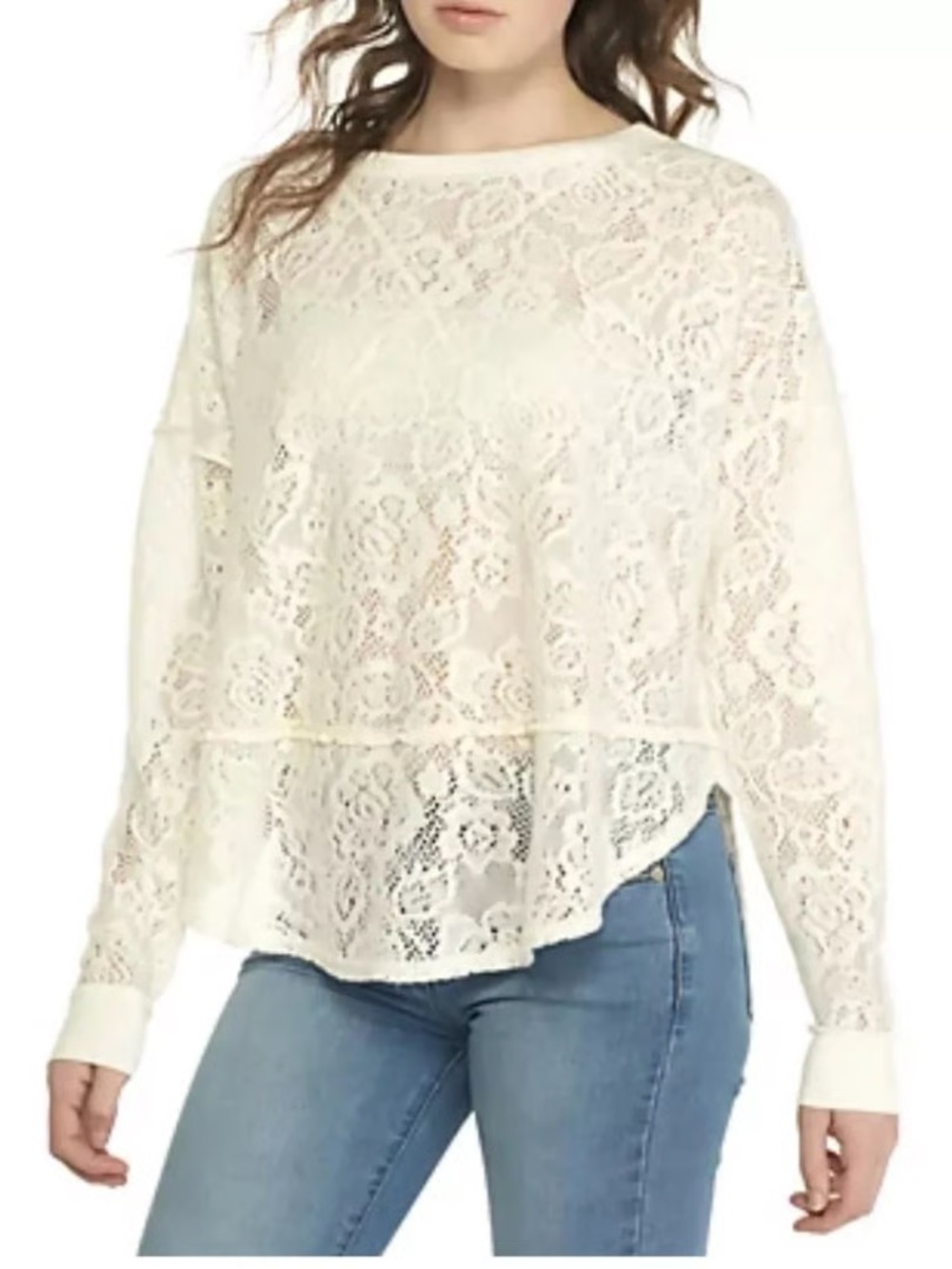 Free People Off White Ivory Cream Lace Long Sleeve Jersey Style Top, Size Medium